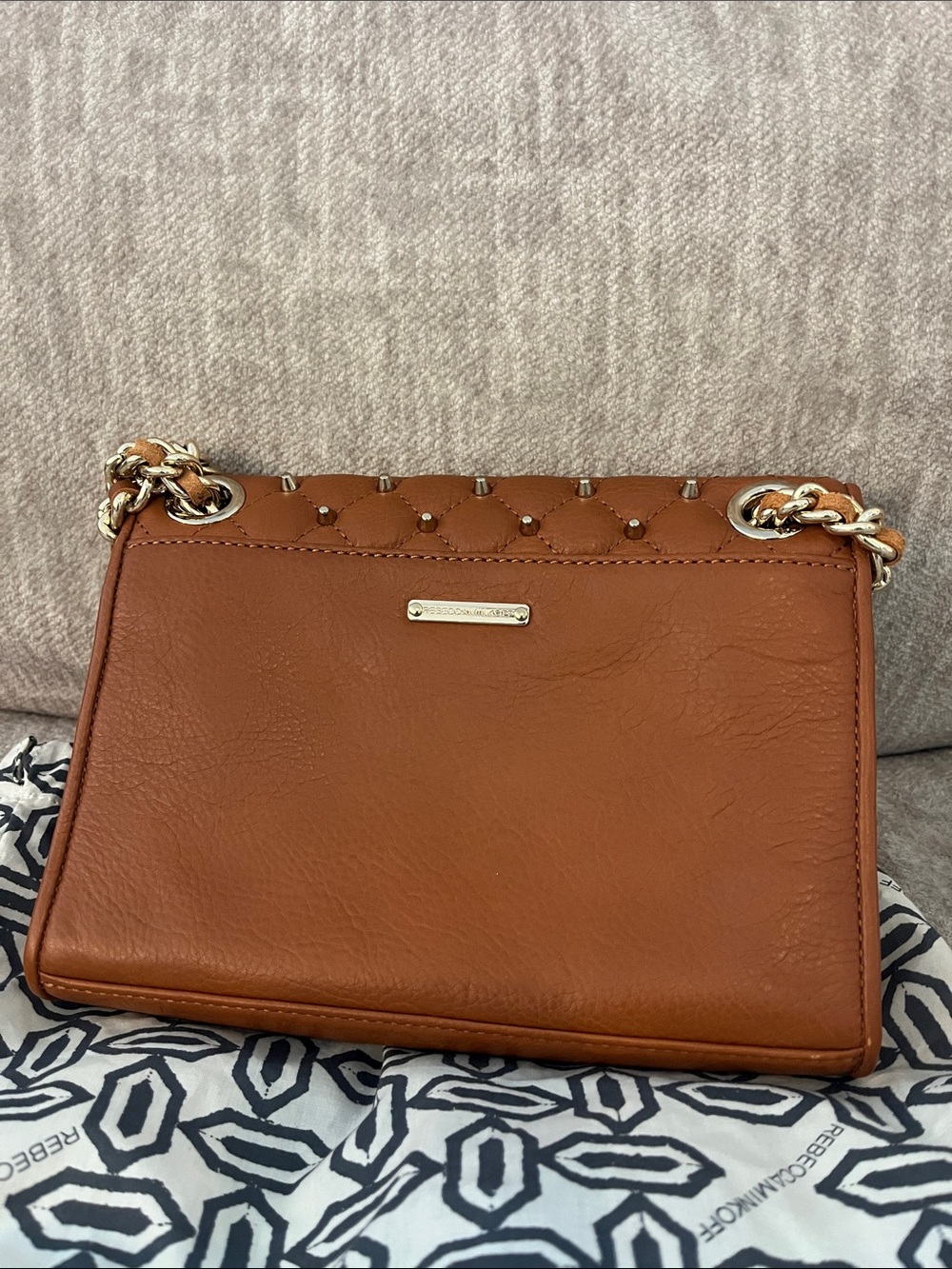 Rebecca Minkoff Quilted Mini Crossbody Bag in Cognac Brown with Gold Hardware - Picture 3 of 4